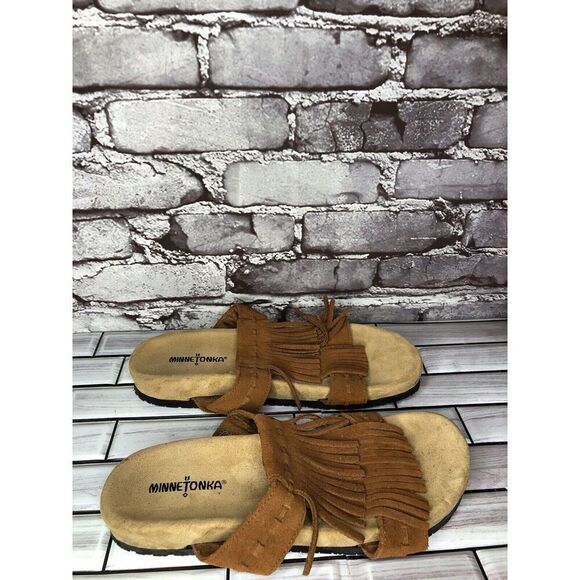 MINNETONKA Daisy Brown Fringe Suede Leather Slides Sandals Women Sz 10M US/41EU - Picture 1 of 16